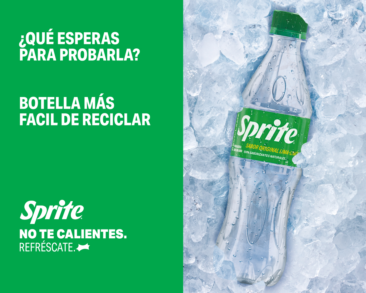 Nueva botella 500 cc Sprite sabor lima limón original sobre hielos. Texto: Botella más fácil de reciclar.