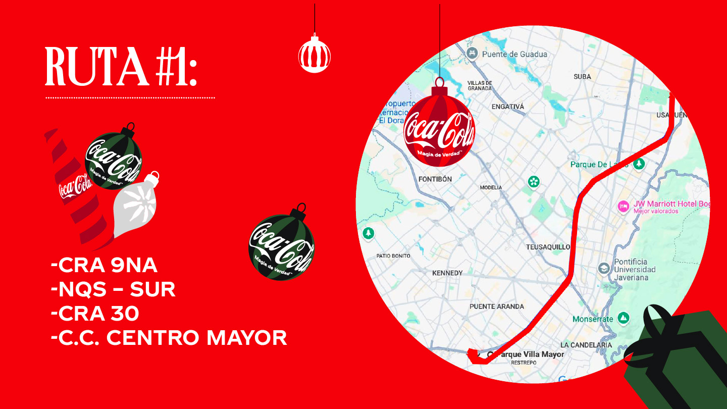 Un mapa que muestra la ruta n.º 1 de la Caravana Navideña de Coca-Cola en Bogotá, Colombia. La ruta incluye Cra 9na, NQS - Sur, Cra 30 y C.C. Centro Mayor.