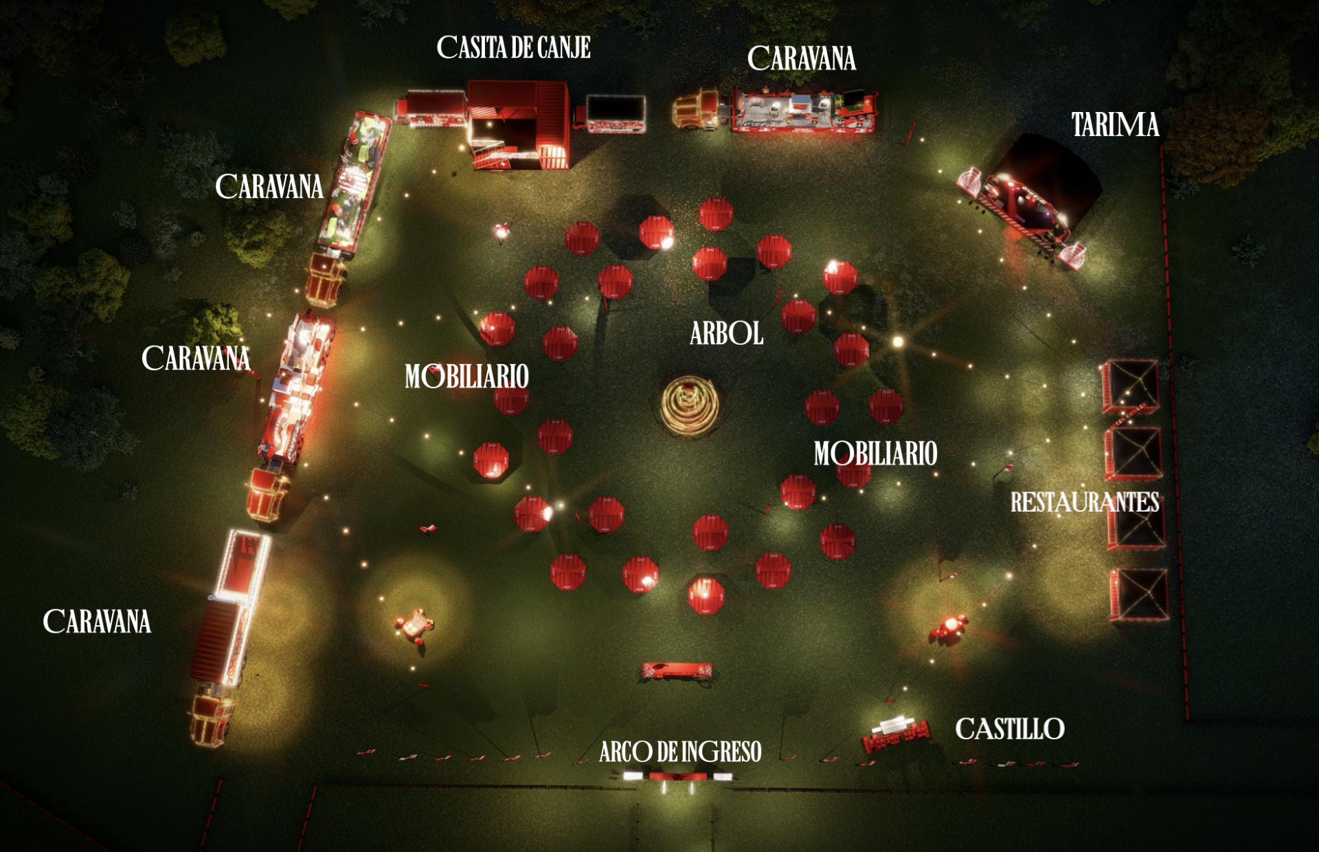 Mapa del diseño del evento de la Caravana Navideña de Coca-Cola, con áreas etiquetadas como Caravana, Casita de Canje, Arco de Ingreso, Tarima, Restaurantes y Mobiliario alrededor de un árbol navideño central.