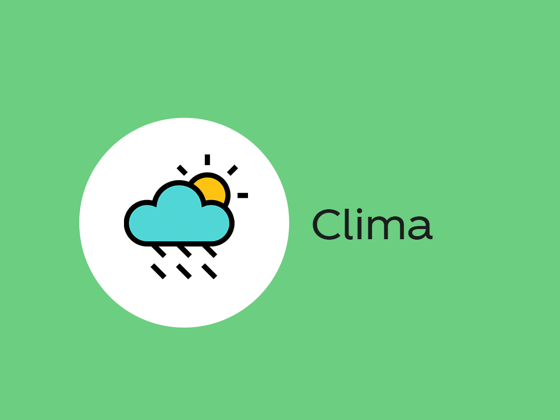 Banner de color verde. Del lado izquierdo se encuentra un logo con una nube de donde está lloviedo y detrás el sol. Del lado derecho el texto: clima