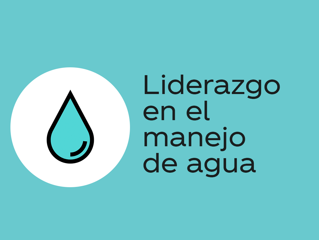 Banner color celeste. Del lado izquierdo se encuentra un logo en forma de gota de agua. Del lado derecho tiene el texto: Liderazgo en el manejo de agua