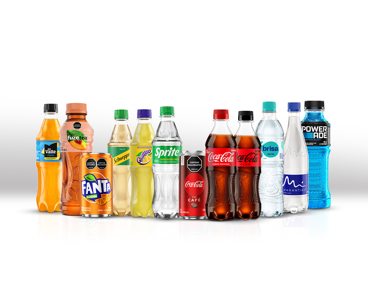 Botellas de, Fanta, Fuze Tea, Schweppes, Sprite, Coca-Cola, Coca-Cola Zero Powerade, Del Valle, Quattro, Brisa y Manantial sobre un fondo blanco.