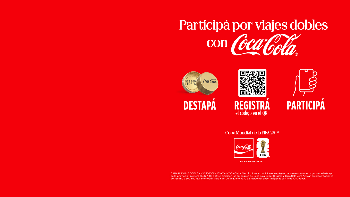 Un anuncio de Coca-Cola sobre un fondo rojo intenso, promocionando la oportunidad de ganar viajes dobles a la Copa Mundial de la FIFA 26™. La imagen ilustra tres pasos clave con iconos e incluye los logos de Coca-Cola y FIFA 26™ más texto informativo.