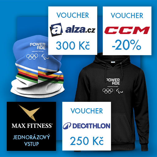Sportovní šátky, mikina Powerade a vouchery Alza, CCM, Decathlon, Max Fitness.