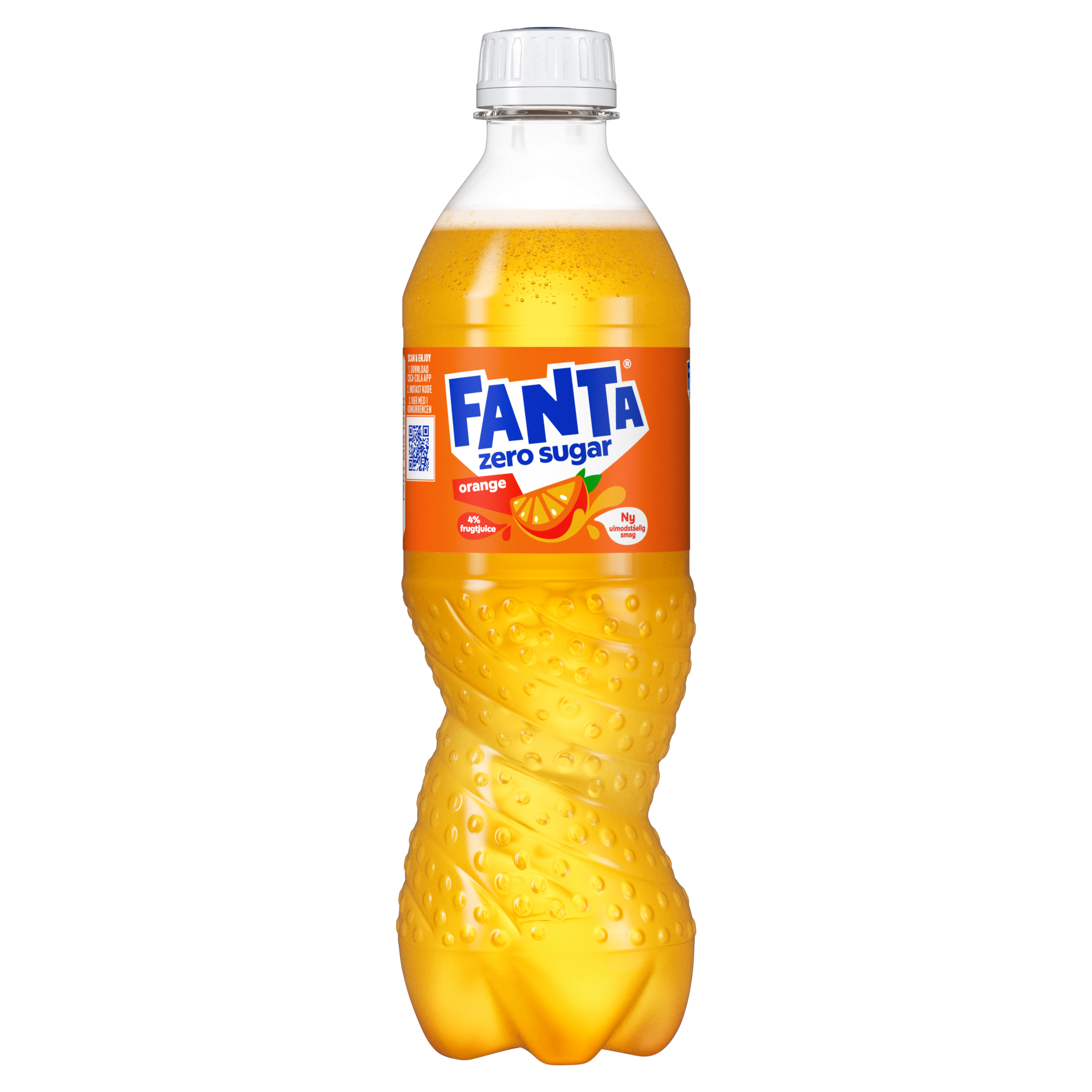 Sukkerfri Fanta Orange-plastikflaske på grå baggrund