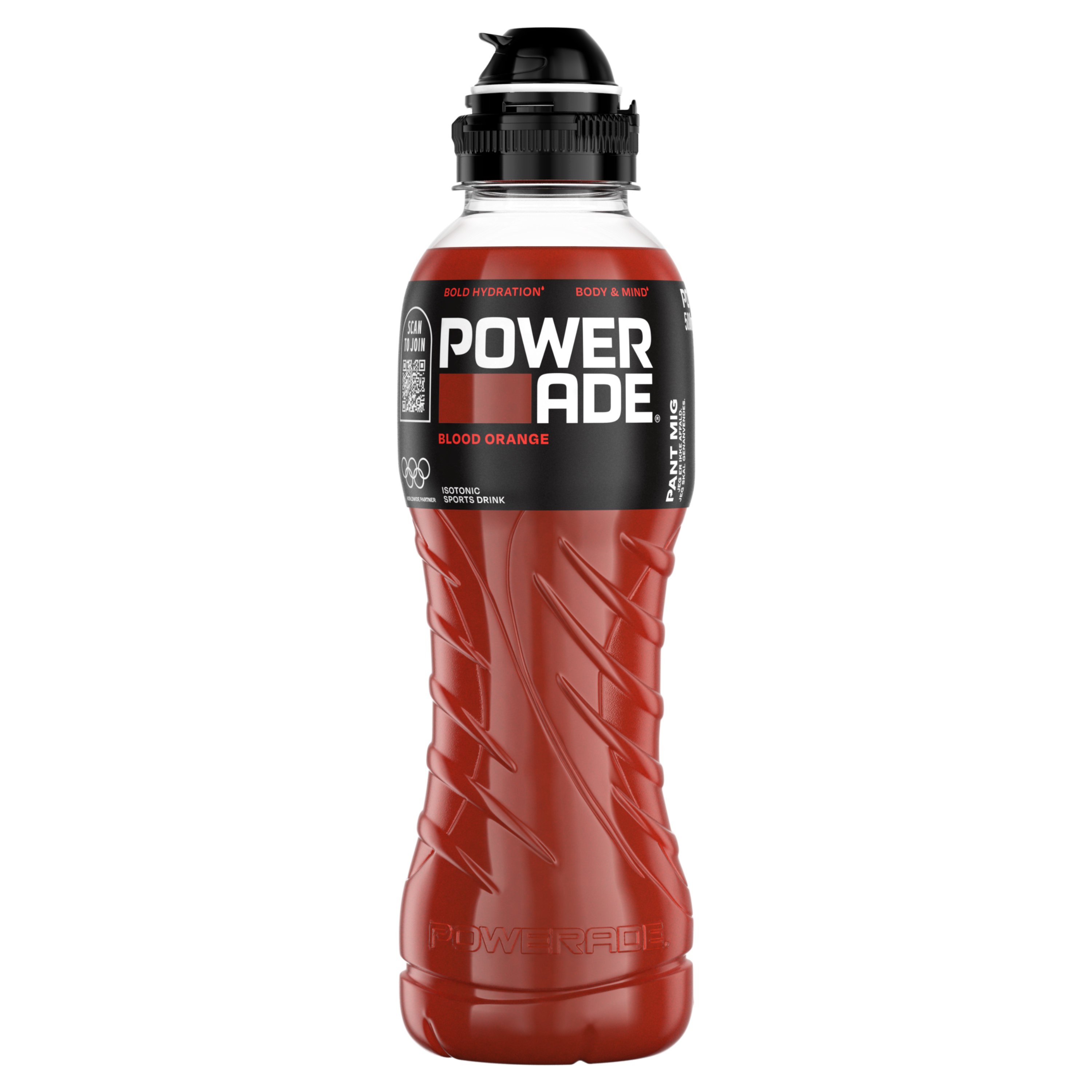 Powerade Blood Orange-plastikflaske på hvid baggrund