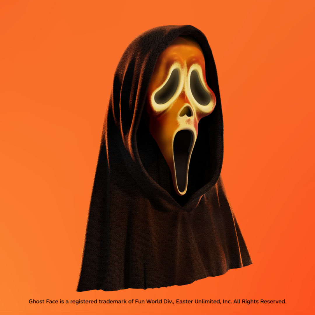 Illustration af en gyserinspireret figur med sort hætte og et langstrakt, skrigende ansigt i orange og sorte nuancer på en orange baggrund. Nederst ses en lille copyright-tekst om Ghost Face-varemærket.
