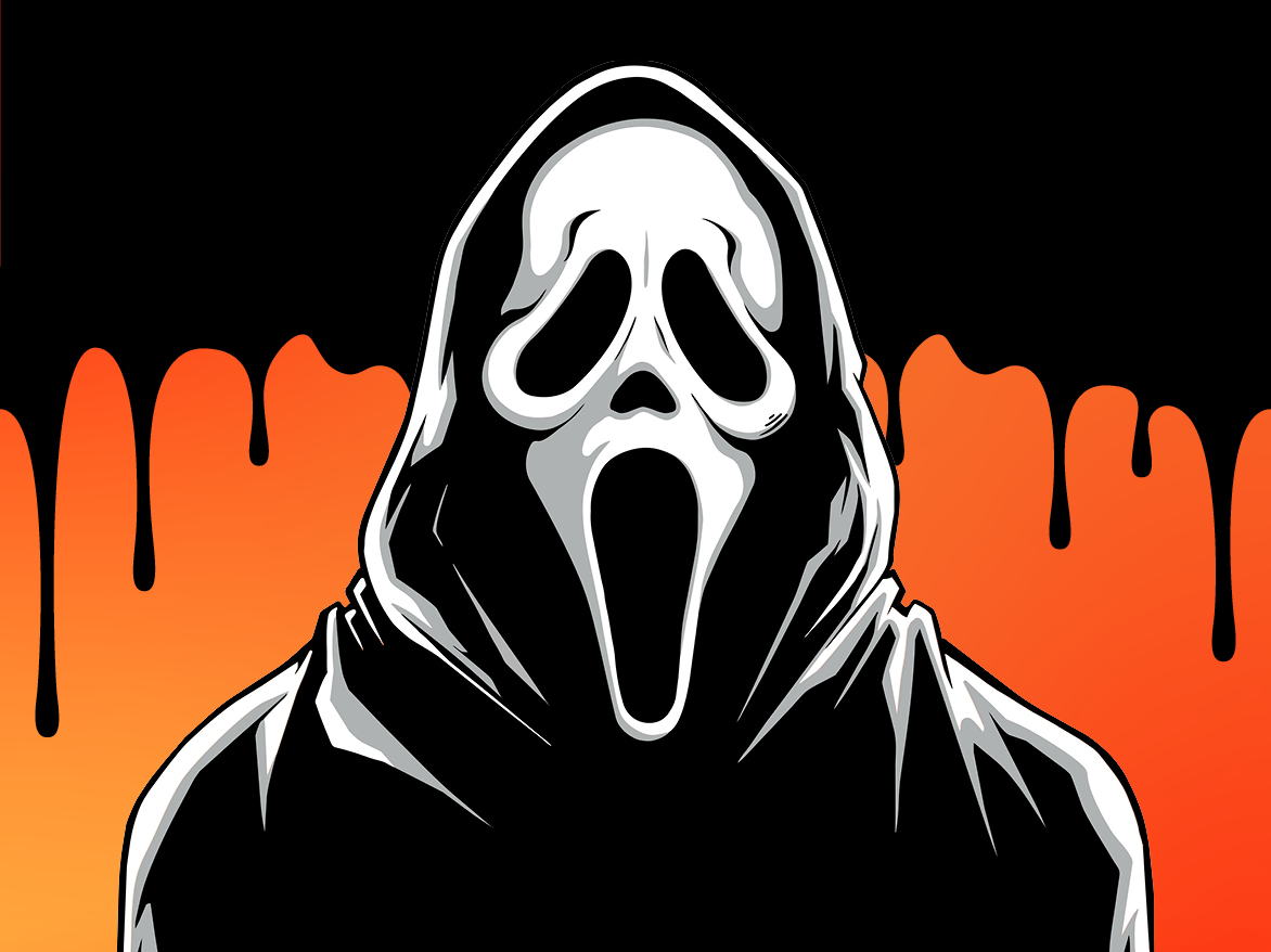 Illustration af en maskeret gyserfigur i sort hætte med et hvidt, skrigende ansigt på en sort baggrund. Bag figuren ses orange dryppende grafik, der skaber en Halloween-inspireret stemning.