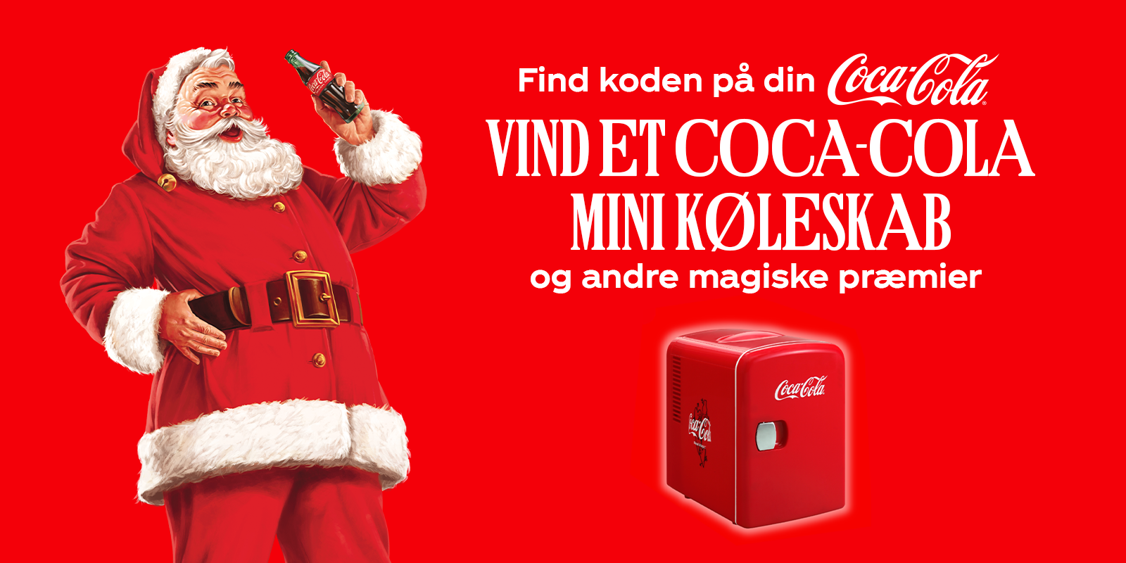 Coca-Cola julemanden og minikøleskab på rød baggrund