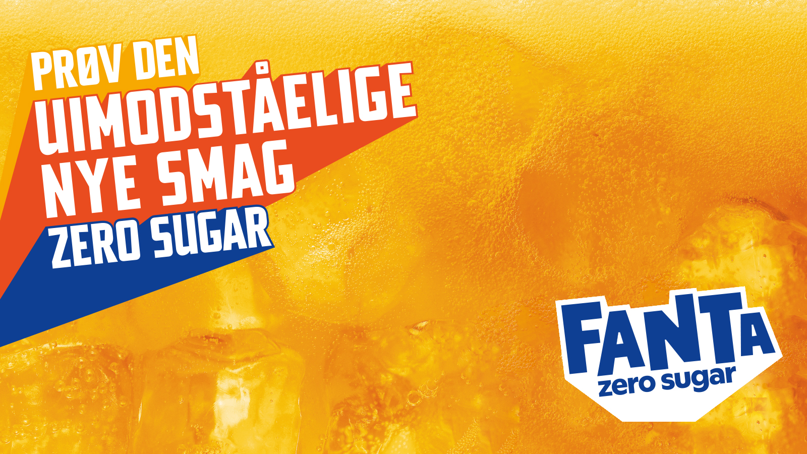 Grafik med åben Fanta-plastikflaske og sprøjt af Fanta og appelsinstykker på orange baggrund