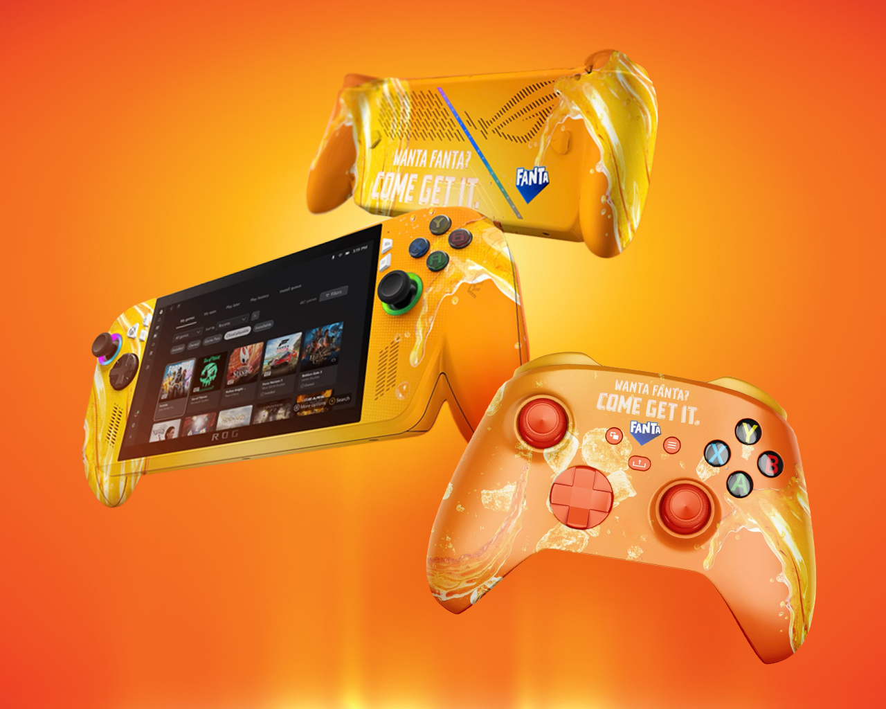 ROG Xbox Ally 512GB handheld console and Xbox Wireless Controller shown in an orange, Fanta‑inspired concept style. Concept imagery only. Prizes will not feature Fanta branding