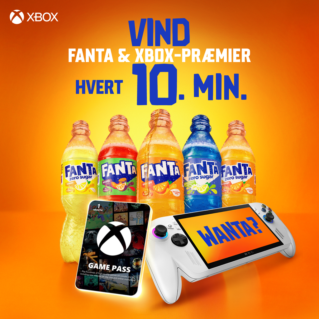 Reklame for Fanta og Xbox med farverige Fanta-flasker, en håndholdt spillekonsol og teksten “Vind Fanta & Xbox‑præmier hvert 10. min.” på orange baggrund.