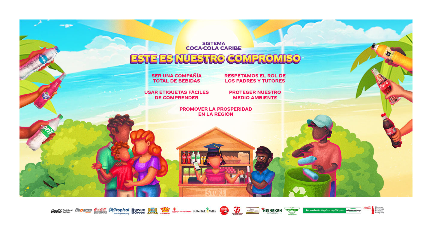 Banner con texto: Sistema Coca-Cola Caribe. Nuestro compromiso. Debajo hay una tienda con productos coca-cola y diversas personas comprando y reciclando botellas.