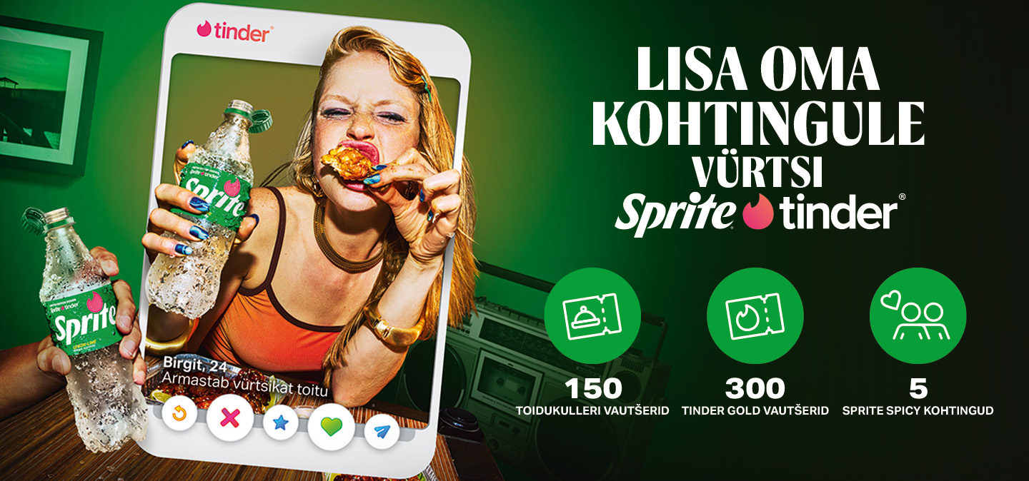 Reklaamipilt Tinderi profiilikaardiga, Sprite pudelite ja kampaaniatekstiga rohelisel taustal.