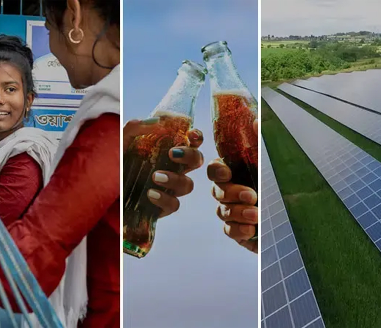 Group of three images grouped side by side including two women smiling, a toast with two Coca-Cola bottles, and the top view of a group of solar electric panels in an open field