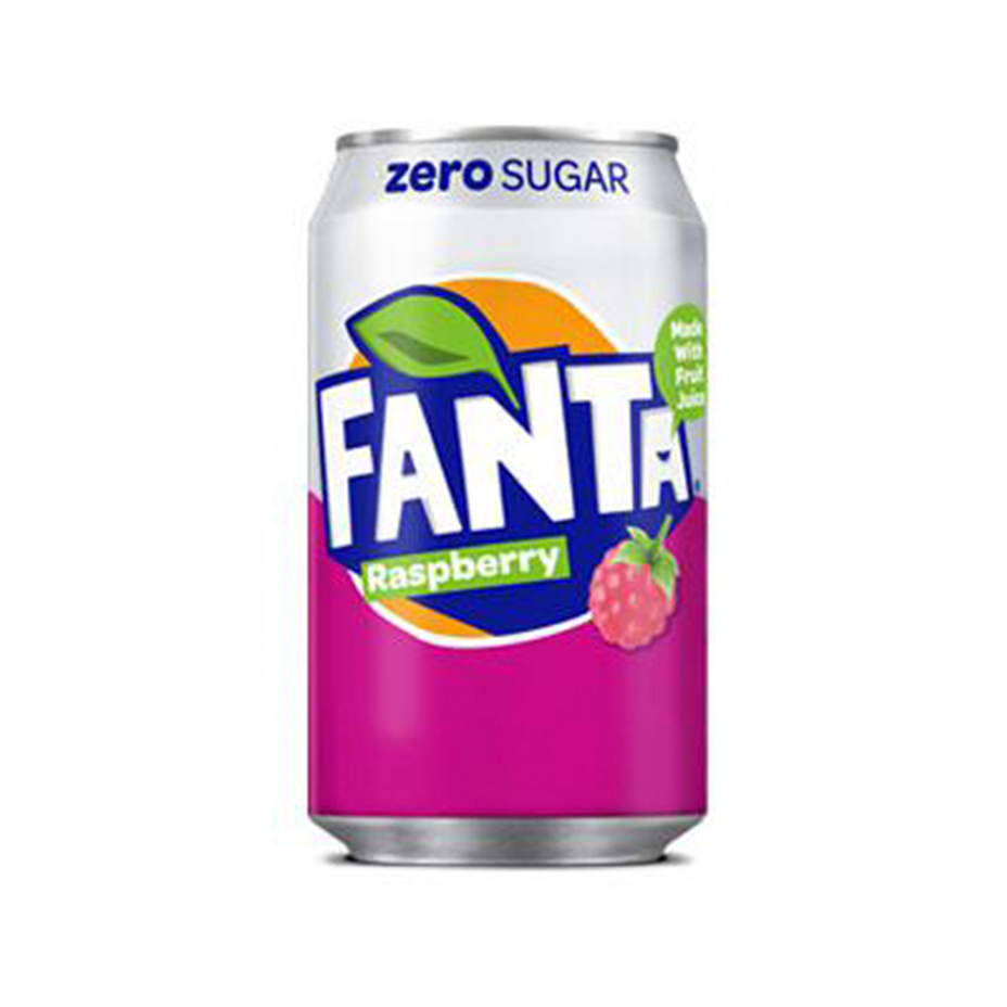 Fanta Raspberry Zero can on white background.