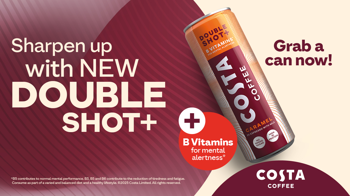 Costa Coffee can on dark red and beige background.