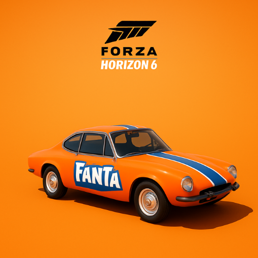 An orange Toyota with a custom Fanta livery under a Forza Horizon 6 logo