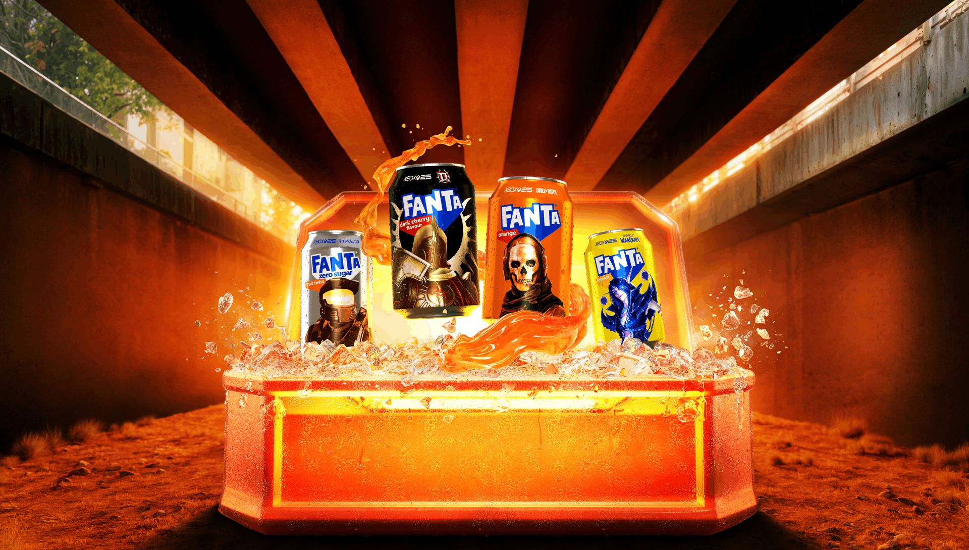 Cans of fanta with Xbox characters sitting in glowing Fanta rewards chest