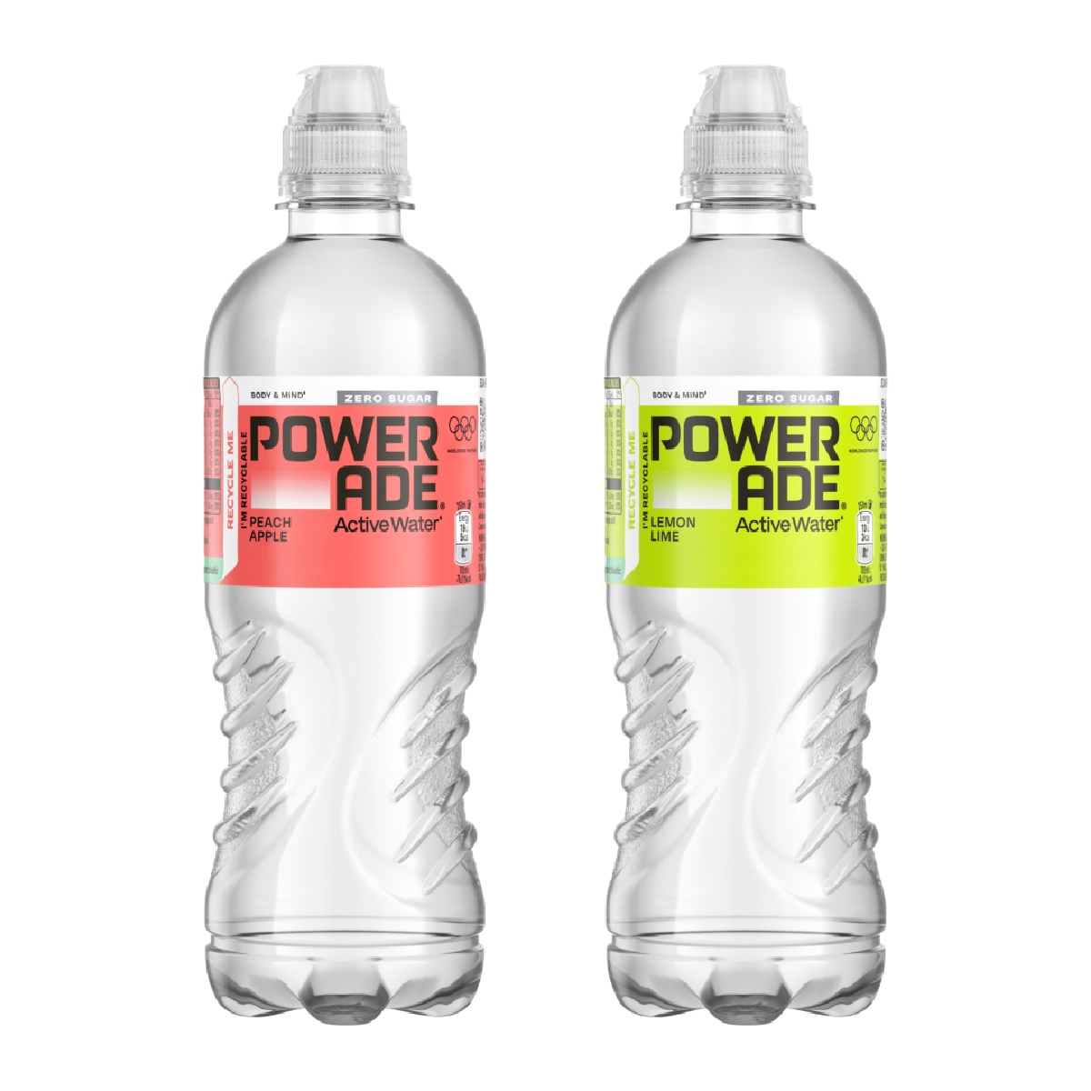 Powerade Active Water bottles on white background.