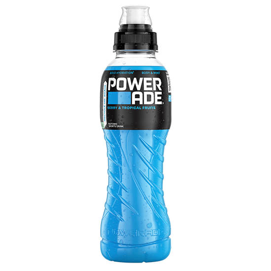 Powerade Berry & Tropical bottle on white background.