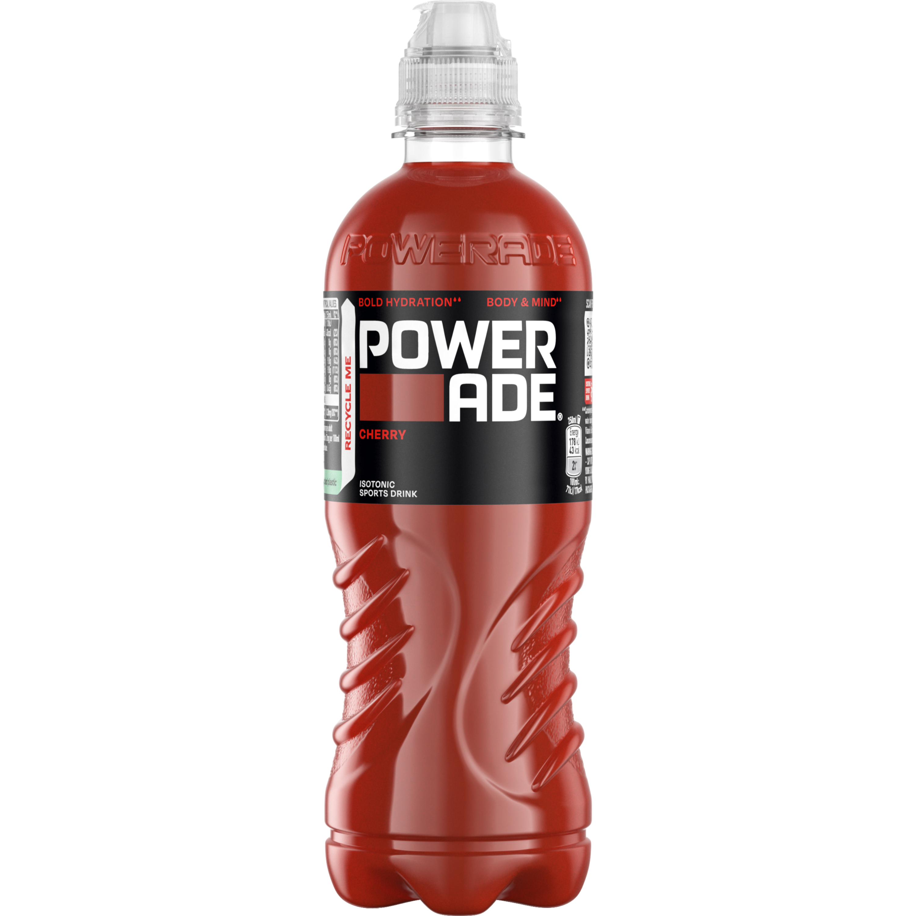 Powerade Cherry bottle on white background.