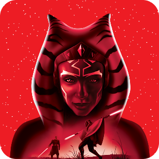 Ahsoka Tano met haar kenmerkende montrals en lekkus, zwaaiend met twee witte lichtzwaarden tegenover een tegenstander.