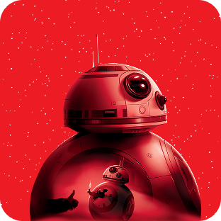 Bolvormige droid BB-8, met in overlay een scène waarin hij over zand rolt, tegen een rode sterrenachtergrond.