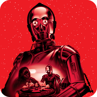 C-3PO naast Chewbacca, beiden zittend aan een tafel terwijl ze naar hologrammen kijken, tegen een rode sterrenachtergrond.