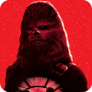 Chewbacca met zijn bandelier, tegen een rode sterrenachtergrond.
