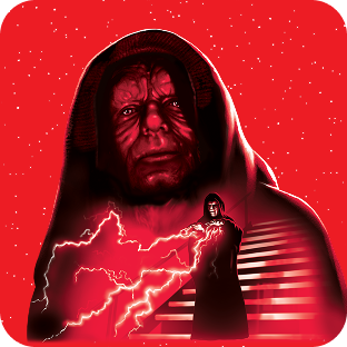 Keizer Palpatine die Force-bliksem uit zijn handen schiet, terwijl hij boven aan een trap staat.