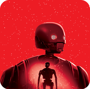 K-2SO, hergeprogrammeerde imperiale beveiligingsdroid, met in overlay een kleinere versie van zichzelf, tegen een rode sterrenachtergrond.