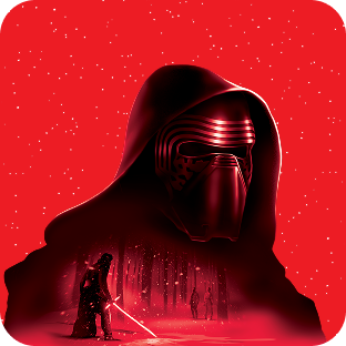 Kylo Ren met een ontstoken rood lichtzwaard, op een rode sterrenachtergrond, met zijn silhouet op de voorgrond.