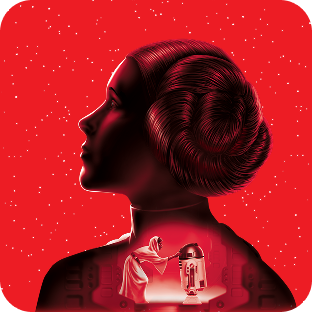 Prinses Leia in een witte jurk, met in overlay een scène van haar en R2-D2, tegen een rode sterrenachtergrond.