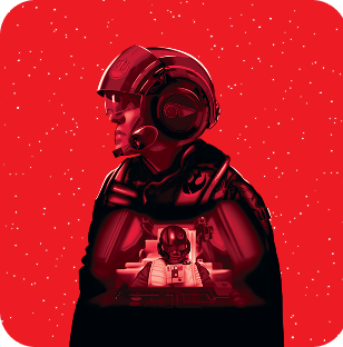 Poe Dameron in pilotenuniform van het Verzet, op een rode sterrenachtergrond.