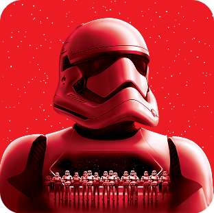 Stormtrooper van de Eerste Orde in witte bepantsering, met in overlay een rij uitgelijnde stormtroopers, tegen een rode sterrenachtergrond.