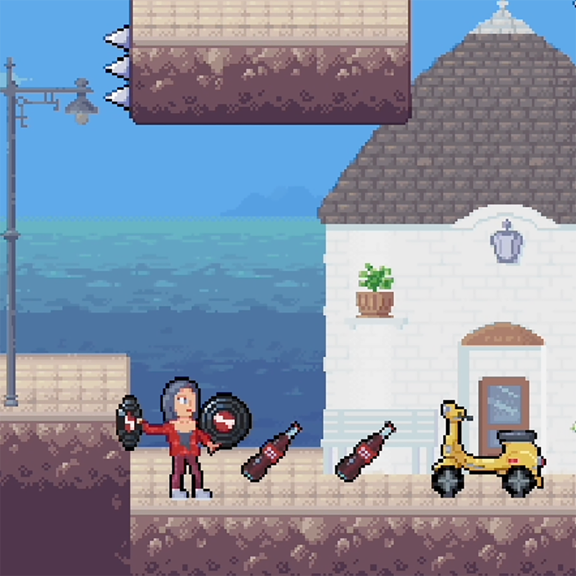 Imagen de juego con personaje sosteniendo discos y una scooter amarilla.