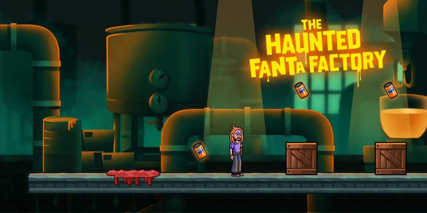 Cartoon girl walking through the haunted fanta factory