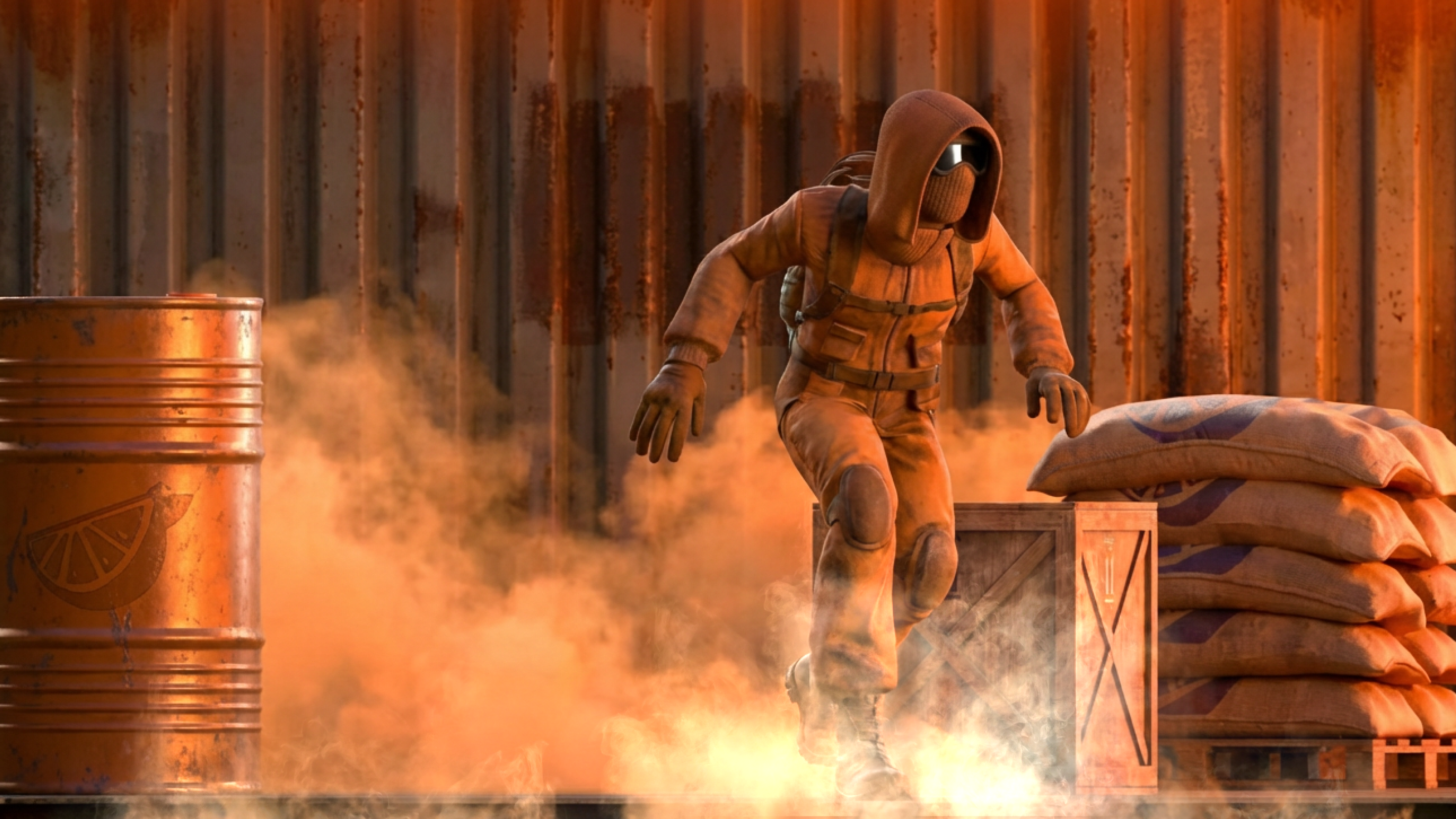 Eine Figur aus der „Halo“-Kampagne schleicht sich in der Abenddämmerung heimlich in eine Basis ein