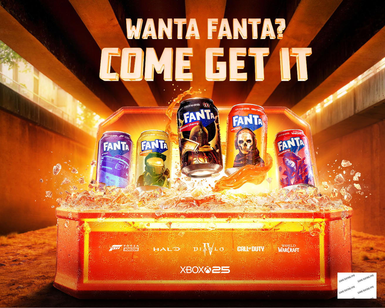 A rewards chest opened to reveal Fanta cans featuring characters from Forza Horizon 6, Call of Duty, Diablo IV, Halo and World of Warcraft. 