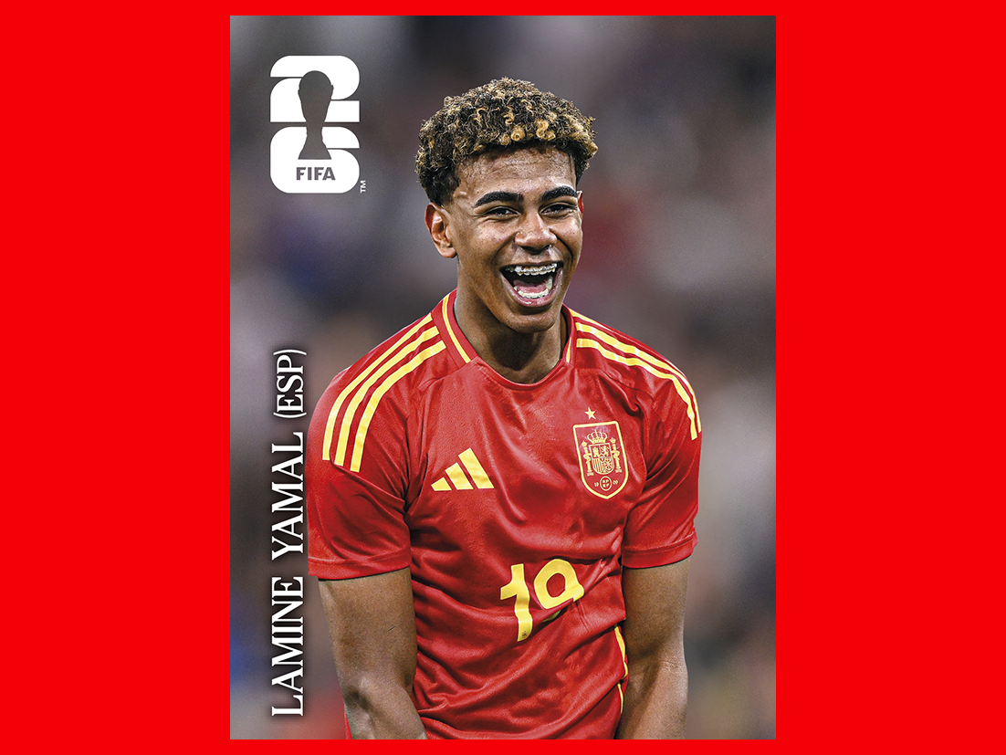 FIFA World Cup 2026 Panini sticker of a Spanish national team player in a red jersey, smiling.