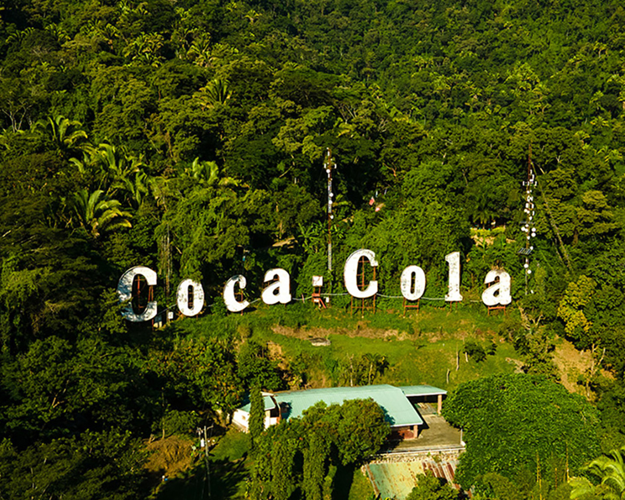 Paisaje de un bosque visto desde el aire con un cartel de Coca-Cola blanco.