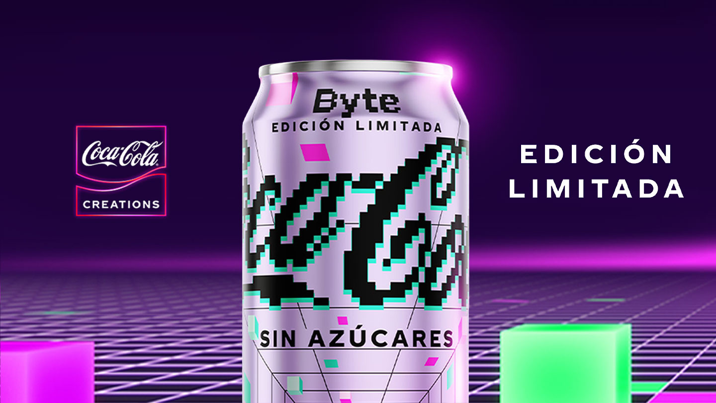 Una imagen muestra una lata de edición limitada de Coca-Cola Byte.