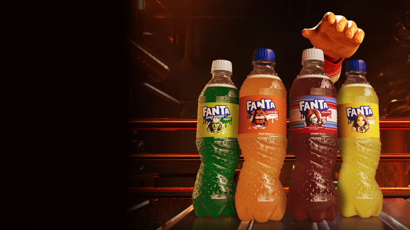 The hand of chucky from child's play reaching for the new halloween themed Fanta bottles