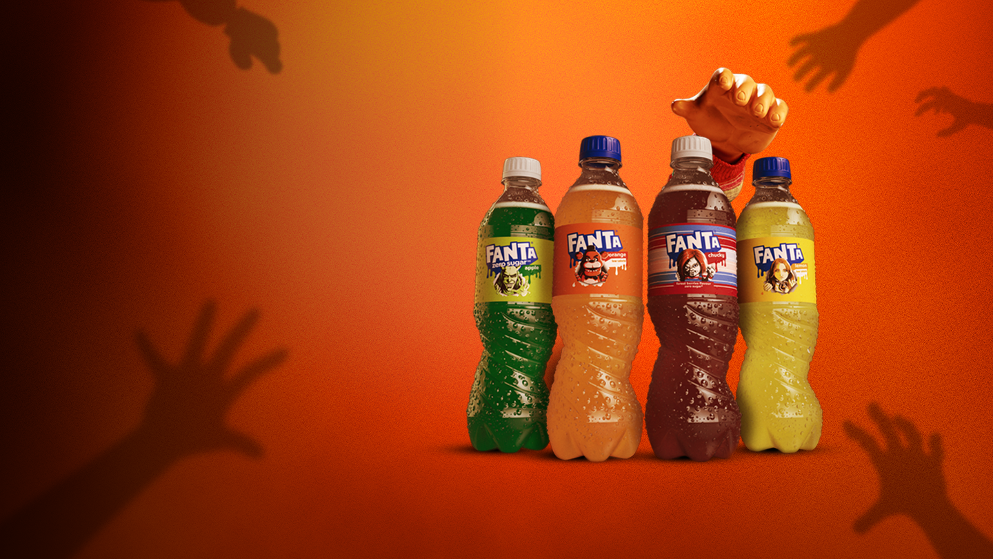 Set of Fanta bottles with images of the characters Chucky, M3gan, Freddy Fazbear and The Grabber featured on them.
