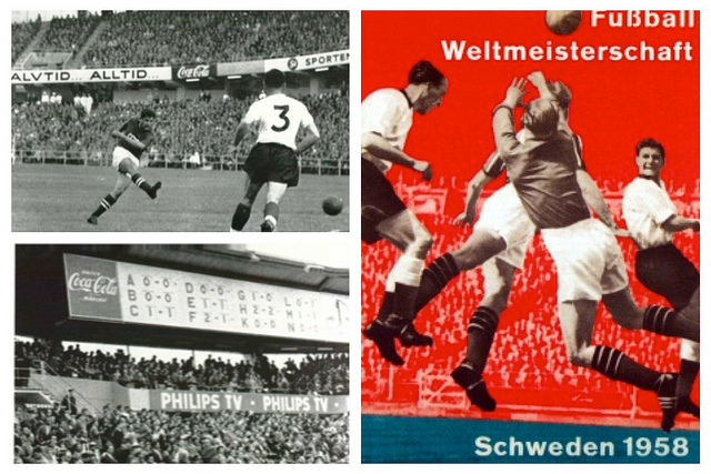 1958 스웨덴 월드컵 당시 경기장 곳곳에서 보이는 코카-콜라 광고 보드.