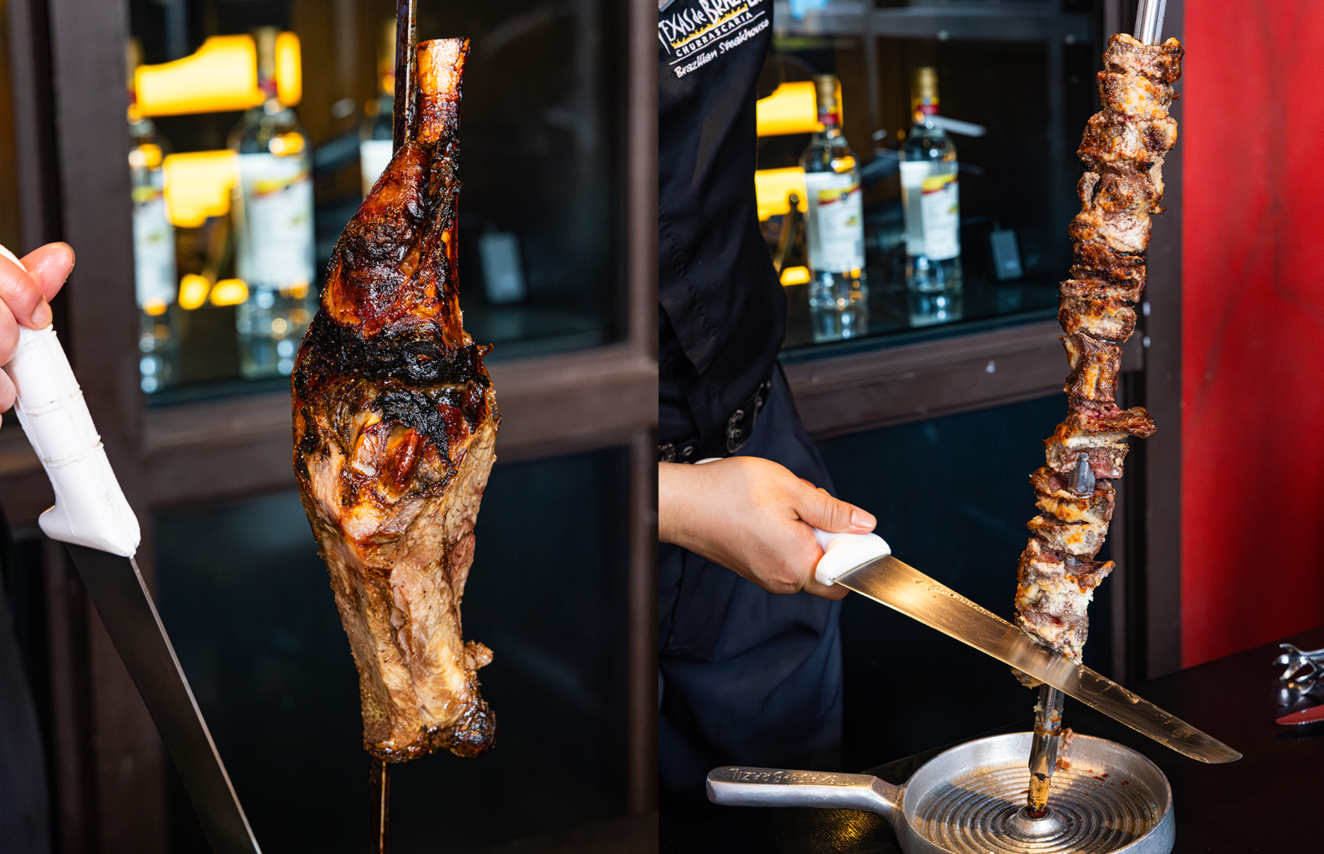 레드리본 맛집 ‘텍사스데브라질’의 대표 메뉴인 브라질식 슈하스코를 직원이 직접 썰어 제공하는 모습