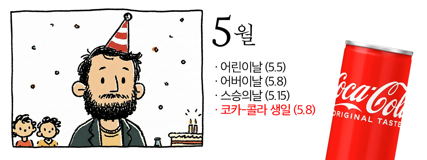 5월의 주요 이벤트, 어린이날, 어버이날, 스승의날, 그리고 코카-콜라의 생일을 표현한 일러스트. 우측에는 코카-콜라가 함께 배치되어 있다
