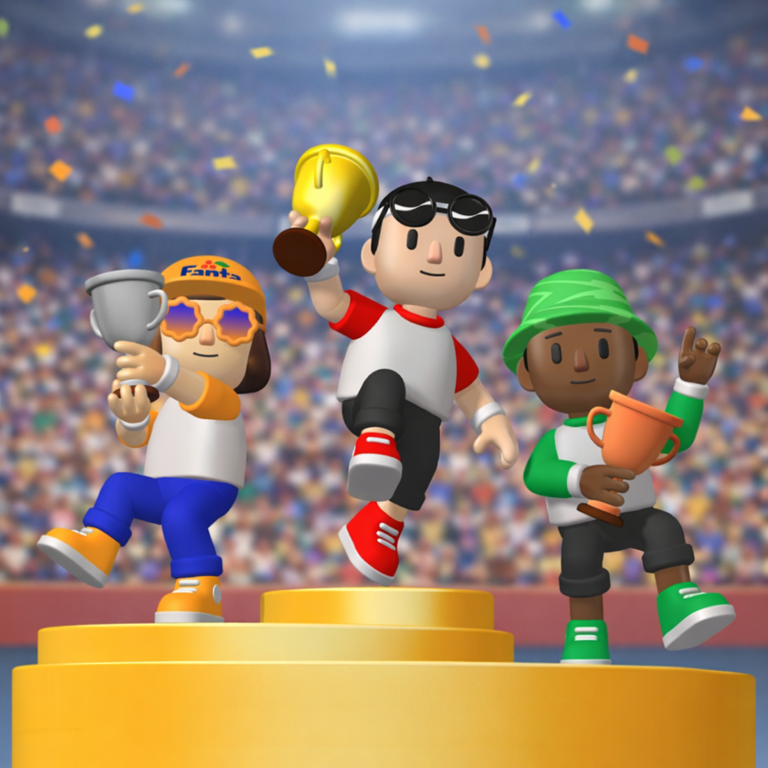 Trei personaje animate sărbătoresc cu trofee pe un podium al câștigătorilor într-un stadion.