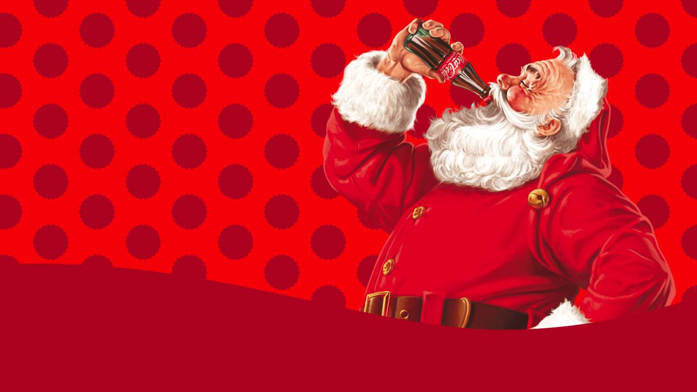 Desen cu Santa care bea dintr-o sticlă de Coca-Cola, pe un fundal rosu